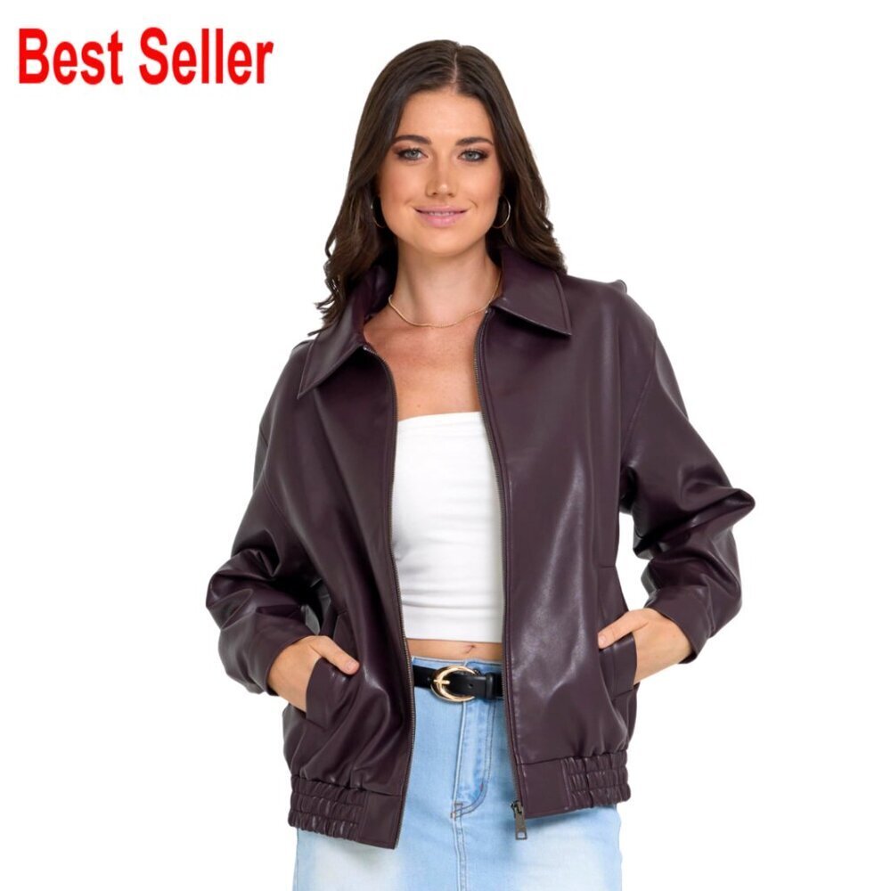 Plus Size Faux Leather Oversized Bomber Jacket Moto Style